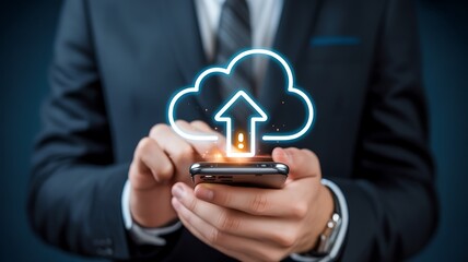 Businessman using smartphone to upload data to cloud computing system