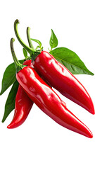 Three vibrant red chili peppers with green leaves