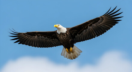 Obraz premium Flying Bald Eagle Against Blue Sky with White Clouds