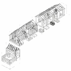 An isometric architectural drawing clearly illustrates the step-by-step construction process of a building, detailing its foundational elements and roof framing.