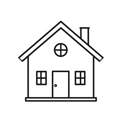 Simple, outlined illustration of a house.  Dark silhouette of a home with a peaked roof, windows, door, and chimney.  Two small, light-colored details near the roofline