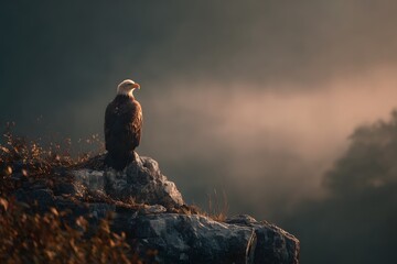A bald eagle rests on a rocky ledge overlooking a misty valley, bathed in warm morning light with golden foliage below.