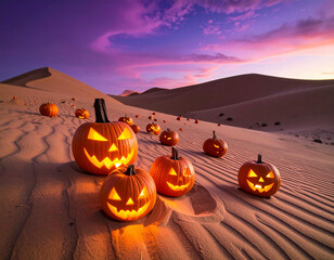Illuminated jack-o'-lanterns scattered across a desert landscape at sunset, creating a spooky atmosphere.