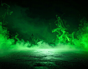 Abstract background with green smoke rising against a dark, mysterious backdrop.