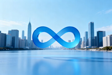 Blue infinity symbol floating above a city skyline reflected in water