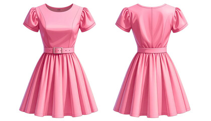 Front and back view of a bright pink A-line dress with puff sleeves and a belt