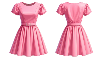 Front and back view of a bright pink A-line dress with puff sleeves and a belt
