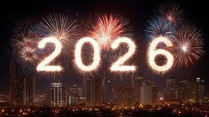 Fireworks display with glowing "2026" numbers against a cityscape backdrop, creating a festive atmosphere for New Year’s Eve celebration.