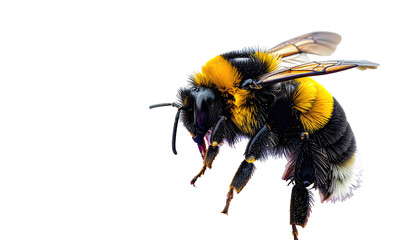 Close-up of a bee in flight, vibrant yellow and black fur, delicate wings