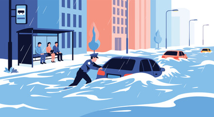 A police officer bravely helps a stranded driver push their car through a flooded city street.