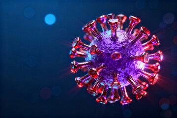 3D rendering of a virus particle with spike proteins under microscopic view