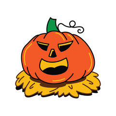 A hand drawn illustration of a classic Jack O Lantern. This orange pumpkin has a carved evil face with slanted eyes, a triangular nose, and a wide open laughing mouth. It sits on a bed of yellow hay.