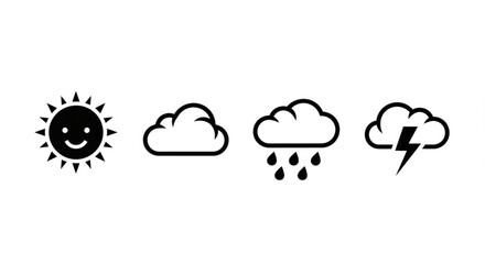 Weather icons showing sun with smiley face, cloud, rain cloud, and lightning cloud in a row design