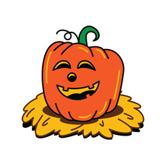 A cheerful cartoon jack o lantern with a goofy smile and carved face. This hand drawn Halloween pumpkin has a green stem and sits on a pile of autumn leaves or hay.