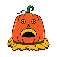 A cute cartoon illustration of a surprised Halloween pumpkin with wide eyes and an open mouth sitting on a pile of yellow hay