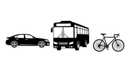 Black silhouettes of a car, bus, and bicycle arranged in a horizontal line on a white background