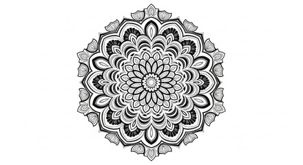 Detailed black and white floral mandala with intricate petal and leaf designs on a white background