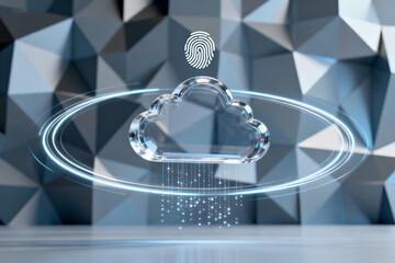 Digital cloud with fingerprint icon and data streams over geometric background