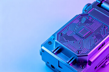 Close-up of a futuristic electronic device with circuit patterns illuminated by neon blue and purple lighting