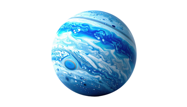 A vibrant, stylized planet, swirling with blue and white abstract patterns.  The sphere is smooth, with swirling, marbled textures resembling fluid dynamics