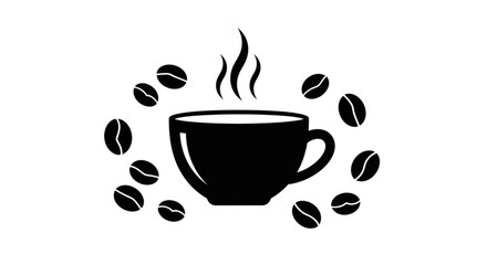 Black coffee cup with steam surrounded by coffee beans in a circular arrangement on a white background