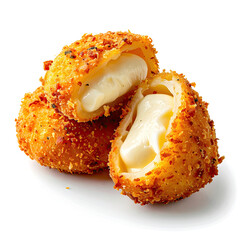 Two halves of a crispy, golden-brown cheese ball, filled with melted cheese, on a white plate