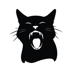 Silhouette of a black cat with open mouth showing teeth, cat yawning silhouette vector illustration