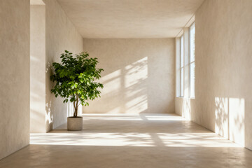 Minimalist interior space with a potted plant and natural light streaming through a window