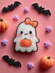 Cute kawaii ghost with a bow holding a pumpkin, surrounded by stars and bats on a pink background, in a 3D sticker style, perfect for Halloween or spooky-themed decorations.