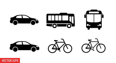 Illustration of various transportation modes including cars buses and bicycles in a vector format design