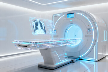 Modern MRI scanner in a futuristic medical facility with digital display showing lung scan