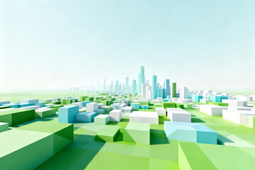 Abstract 3D cityscape with geometric buildings and green terrain under a clear sky