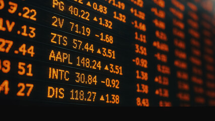 A close-up shot of a financial stock ticker, displaying the fluctuations of stocks, symbolizing the dynamic world of finance, money and investment.