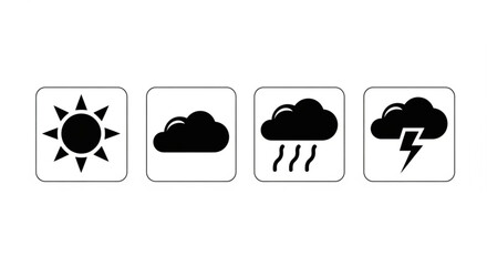 Weather icons showing sunny cloud rainy and storm in black and white outlined square shapes design