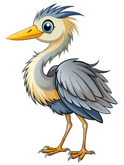 Obraz premium Cartoon illustration of a grey heron with yellow beak and legs