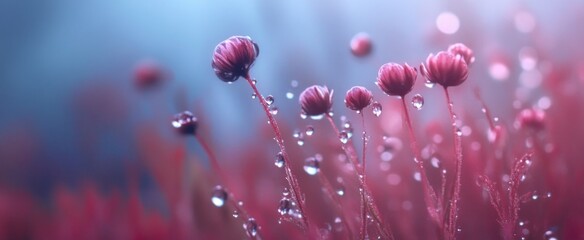 Macro View of Dew-Kissed Crimson Flower Buds with Soft Bokeh Background