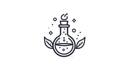 Dark, stylized illustration of a magic potion flask.  Flames rise from the neck of the flask, surrounded by sparkles.  Delicate leaves frame the base.  Muted tones