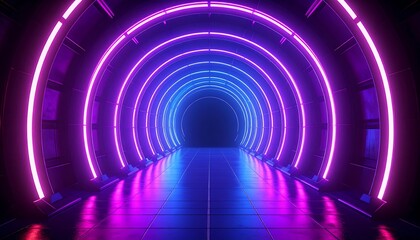 Obraz premium Interior view of a futuristic tunnel with neon lights in shades of blue and purple, reflecting on the floor