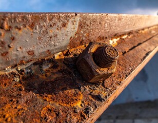 Close-up of severely rusted metal bolt and nut on an industrial beam. Intricate textures of deep corrosion and oxidation are highlighted, reflecting the impact of time