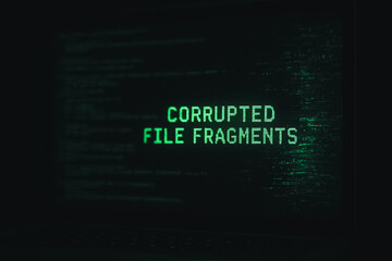 The digital remnants of a corrupted file are displayed on a vintage computer monitor, the message is underscored by glitching lines and pixelated text.