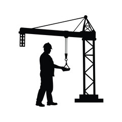 Silhouette of construction worker guiding the crane's load at the construction site, construction worker operating crane silhouette vector illustration