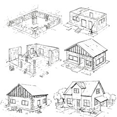 Detailed black and white line drawings illustrating the sequential stages of residential house construction from initial foundation to a complete home.