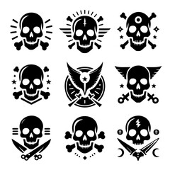 Nine black and white vector skull icons on a white background