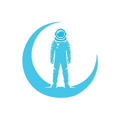 Astronaut Standing on Crescent Moon Emblem