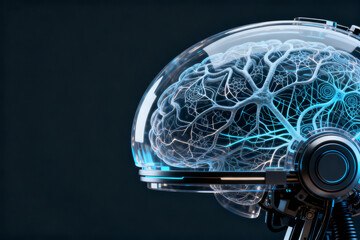 Transparent robotic head with illuminated neural network brain structure