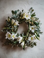 Elegant white amaryllis and fresh green eucalyptus leaves garland hanging on a plain neutral wall, minimalist holiday decoration concept, creating a peaceful and tranquil atmosphere
