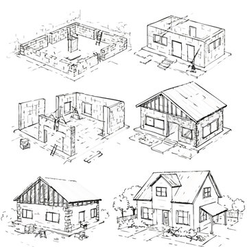 Detailed black and white line drawings illustrating the sequential stages of residential house construction from initial foundation to a complete home.