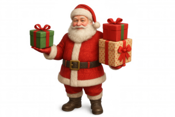 Santa claus holding multiple christmas gifts and presents, bringing holiday joy with a transparent background