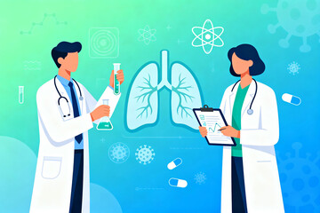 Two medical professionals examining lungs and medical data in a healthcare setting