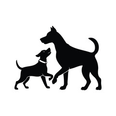 A smaller dog looks up to a larger dog with affection and respect, dog playing with baby dog silhouette vector illustration